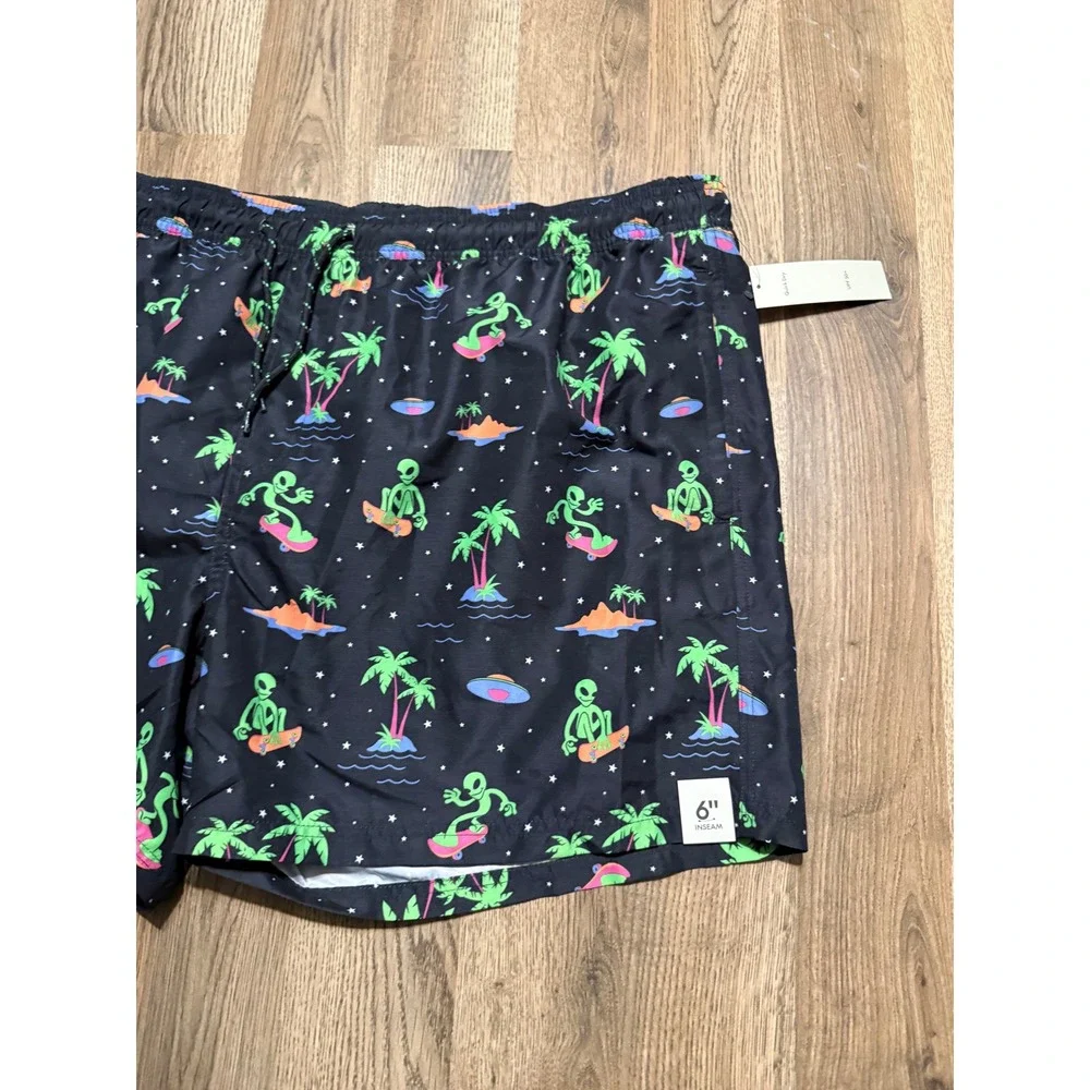 No Boundaries Shorts Men Size XXL Black Swim Trunks Alien UFO Palm Trees